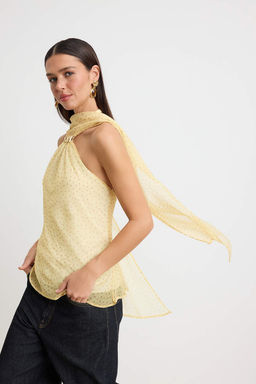 Sar_-_ok Renkli Puantiyeli Halter Yaka Kolsuz Par_lt_l_ Dokuma _ifon __k/Gece Bluz TPRAW26BZ00050
