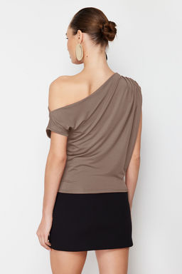 Vizon Regular/Normal Kal?p Asimetrik Yaka S?f?r Kol C?tc?tl? Esnek Orme Bluz TWOSS24BZ00396