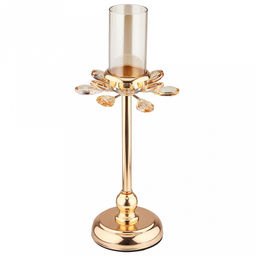 Подсвечник металлический "Аурелия" h32,8см, чаша с колбой стекло д5см, h9см, нескользящее основание д10см, золотой/янтарный, в коробке (Китай)