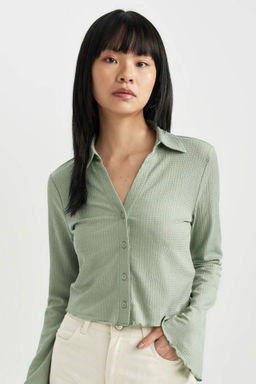 Coool Fitted Basic Duz Dugmeli Uzun Kollu Crop Gomlek - Defacto фото 4