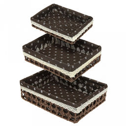 Корзина-сухарница плетеная Миледи набор 3 штуки: 38х28см h10см; 35х25см h8см; 32х22см h6см, металлический каркас, чехол хлопок, форма прямоугольная, цвет - кофейный, ручная работа (Китай)