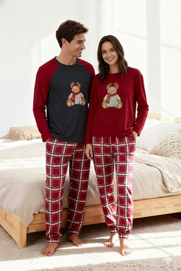Bordo - Antrasit Regular Fit Ekose Ay?c?k Bask?l? Couple Orme Pijama Tak?m? - Trendyolmilla фото 4