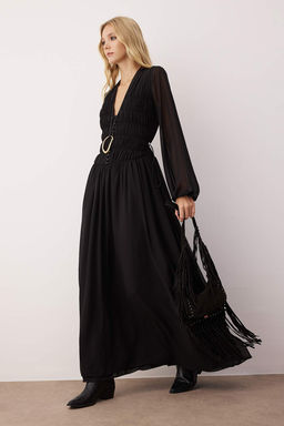 Siyah Buzgu Detayl? V Yakal? Maxi Astarl? Sifon Dokuma Elbise TWOAW26EL00318