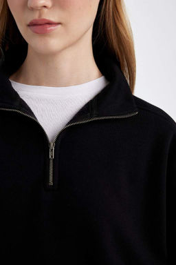 Женский черный свободный крой, широкий крой, молния, воротник-стойка, карман, базовый однотонный толстый черный свитшот - Defacto фото 5