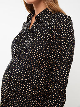 G?mlek Yaka Puantiyeli Uzun Kollu Viskon Hamile Elbise