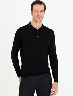 Черный базовый трикотажный свитер приталенного кроя с воротником-поло - Cacharel фото 7