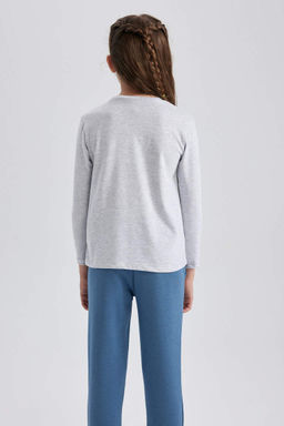 Серая школьная футболка с длинными рукавами из чесаного хлопка с круглым вырезом для девочек - Defacto фото 5