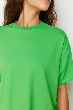 Yesil %100 Pamuk Bisiklet Yaka Oversize/Genis Kal?p Orme T-Shirt TWOSS20TS0134