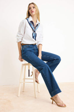 Koyu Mavi Utu Yuksek Bel Izli Az Esnek Wide Leg Jeans TWOSS26JE00191 - Trendyolmilla фото 2