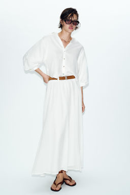 CAMISA MANGA ABULLONADA CON LINO / Blanco