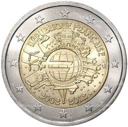 Монета 2 евро 2012 года Франция 10 лет евро наличными