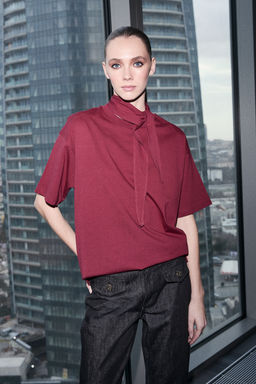 Limited Edition Bordo Oversize Dusuk Kol K?sa Kollu Uzun Tok %100 Pamuk Orme T-Shirt TWOSS26TS00029