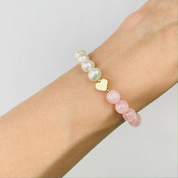 Браслет из Розового кварца и Жемчуга со вставкой сердце