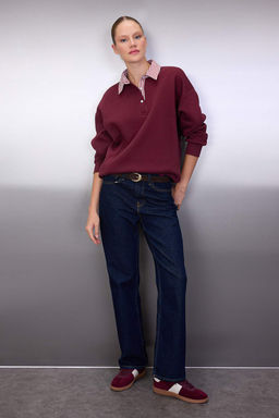Bordo Dokuma Garni Detayl? Oversize Kal?p Polo Yaka Kal?n ici Polarl? Orme Sweatshirt TWOAW26SW00116