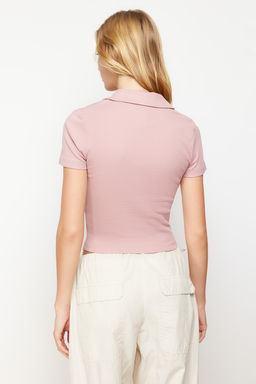 Trendyolmilla Siyah Fitted/Vucuda Oturan Crop Polo Yaka Fitilli Esnek Orme Bluz TWOSS21BZ0038  фото 5
