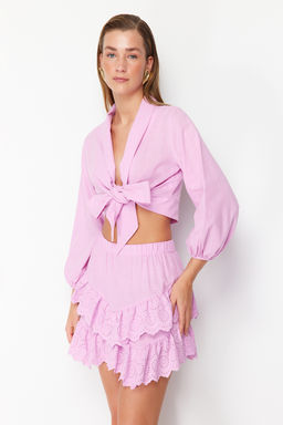 TRENDYOLMILLA Plaj Giyim Briddal Beyaz Mini Dokuma Brode Detayl? Flaml? Pamuk Plaj Etek TBESS24ET00004 фото 20