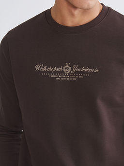 Standart Kal?p Bisiklet Yaka Bask?l? Erkek Kal?n Sweatshirt