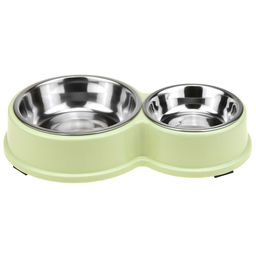 Миска для кормления животных из нержавеющей стали Обед 0,18л/0,45л, д11см h2,8см/д14см h4см, 2 штуки на пластмассовой подставке 28х17х5см, цвета микс (Китай) - Pet toys фото 2
