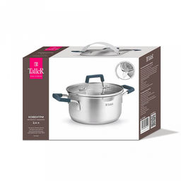 Кастрюля из нержавеющей стали "Ковентри" 2,4л, s0,6мм, дно s2,8мм, стеклянная жаропрочная крышка, обод крышки с перфорацией, ручки с силиконовыми вставками, цветная коробка, "TalleR" (Китай)