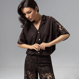 Рубашка комбинированный с кружевом, Стильное дежавю (горький шоколад) - Charutti фото 4