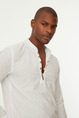 TRENDYOL MAN Mavi Slim Fit Yar?m Patl? Dugmeli Hakim Yaka Keten Gorunumlu Gomlek TMNSS20GO0097 - Trendyolmilla фото 10