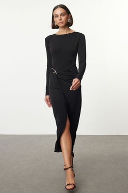 TRENDYOLMILLA Siyah Aksesuar Detayl? Fitted/Vucuda Otura Maxi Esnek Orme Elbise TWOAW25EL00462 фото 10