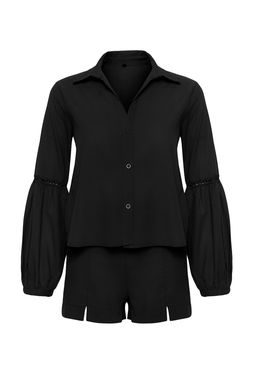 Siyah Dokuma Y?rtmacl? %100 Pamuk Plaj Gomlek-Sort Tak?m TBESS25AU00057 - Trendyolmilla фото 5