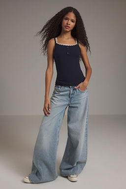 TRENDYOLMILLA Lacivert Cift Katl? Dantel Detayl? Fitilli Fitted/Vucuda Oturan Orme Atlet TWOSS25AL00035