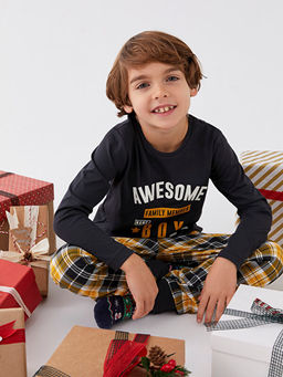 Bisiklet Yaka Bask?l? Uzun Kollu Erkek ?ocuk Pijama Tak?m?