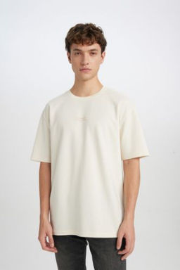 Boxy Fit Bisiklet Yaka Bask?l? K?sa Kollu Ag?r Kumas Tisort