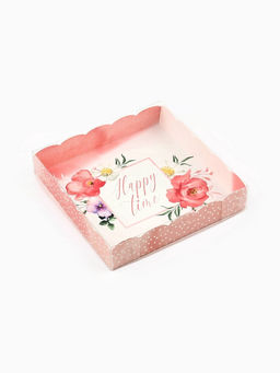 Цена за 5 шт. Коробка для печенья, кондитерская упаковка с пластиковой крышкой, Happy time, 15×15×3 см