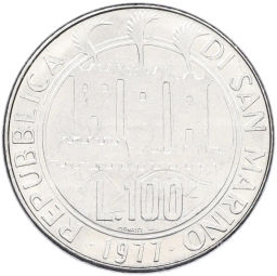 Монета 100 лир 1977 года Сан-Марино Экология Скелет рыбы