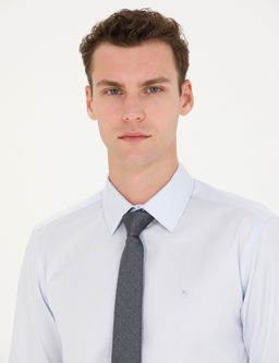 A__k Mavi %100 Pamuk Parlak Saten Slim Fit Uzun Kollu Basic G_mlek