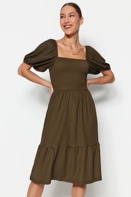 Haki Gipeli Belden Ac?lan/Skater Kare Yaka Balon Kol Midi Burumcuk Orme Elbise TWOSS22EL1088
