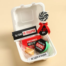 Подарочный набор Пора на пенсию в бенто коробке: леденец со вкусом колы 15 г., леденецы в тубусе мульти 32 г., жевательная резинка 15 г., молочный шоколад 27 г., печенье с предсказанием 6 г., жевательная конфета 10 г. - Фабрика счастья фото 2
