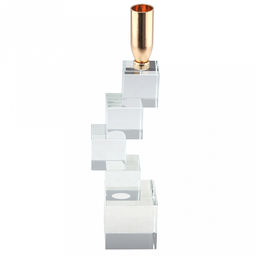 Подсвечник стеклянный "Кубизм" h28,5см, чаша металл д2,4см, h2см, отвинчивающаяся, основание 5,8х5,8см, прозрачный/золотой, в коробке (Китай)