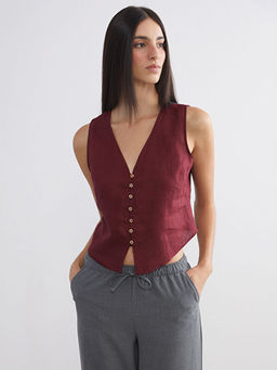 V Yaka %100 Keten Kad?n Klasik Yelek