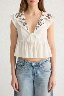 Beyaz Nak?sl? Crinkle Dokuma Kumas Dokuma Bluz TWOSS25BZ00108 - Trendyolmilla фото 3