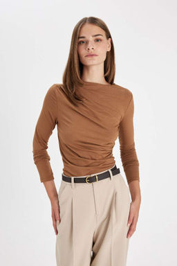 Женская облегающая повседневная футболка с узким вырезом и длинным рукавом - Defacto фото 4