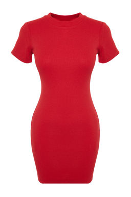 K?rm?z? Vucuda Oturan K?sa Kollu Bisiklet Yaka Mini Fitilli Esnek Orme Kalem Elbise TWOSS22EL2822 - Trendyolmilla фото 7