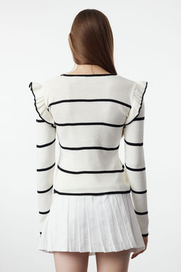 Ekru Omuzu Volanl? Cizgili Triko Kazak TWOAW25KZ00243 - Trendyolmilla фото 5