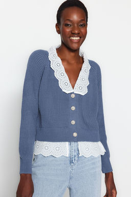 Indigo Crop Gomlek Garnili Detayl? V Yaka Triko H?rka TWOAW24HI00221