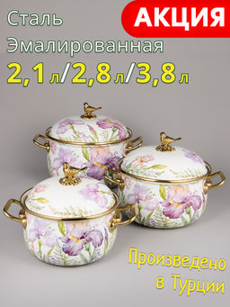 НАБОР КАСТРЮЛЬ AGNESS ЭМАЛИРОВАННЫХ СЕРИЯ IRISES, 6ПР. 2,1Л, 2,8Л И 3,8Л
