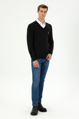 Erkek Slim Fit V Yaka Siyah Basic Kazak