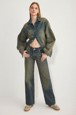 Koyu Mavi Premium Vintage Y?kama Efektli Dusuk Bel Wide Leg Jeans TWOSS25JE00083 - Trendyolmilla фото 9