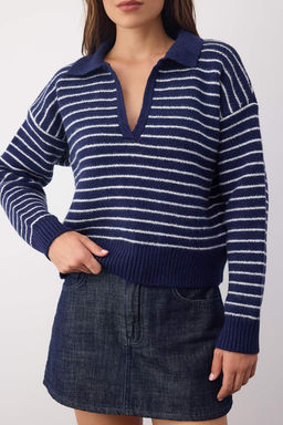 Wardrobe Essentials Lacivert*001 Yumusak Dokulu Cizgili Genis Kal?p Basic Triko Kazak TWOAW26KZ00087 - Trendyolmilla фото 3