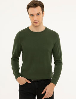 Базовый трикотажный свитер приталенного кроя цвета хаки с круглым вырезом - Cacharel фото 7