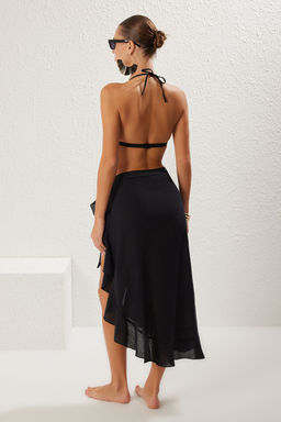 Siyah F?rf?rl? Dokuma Keten Gorunumlu Plaj Pareo TBESS25PR00005 - Trendyolmilla фото 5