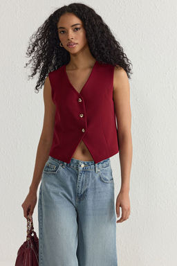 Bordo Fitted Crop Kalpli Dugmeli Dokuma Yelek TWOSS25YE00015