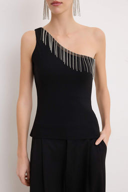 Siyah Tas Aksesuar Detayl? Asimetrik Yaka Party Bluz TPRSS26BZ00040 - Trendyolmilla фото 3